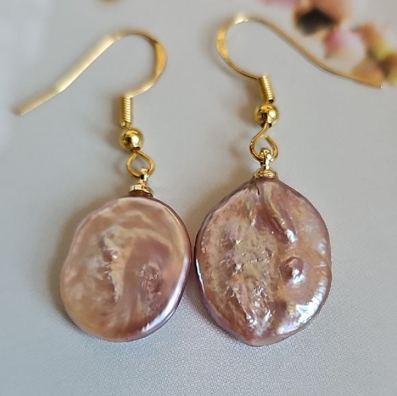 Hand Crafted Jewelry - Pink Natural Baroque Pearl Sterling Silver Hoop Earrings